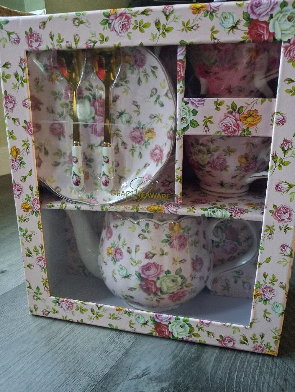 Floral Porcelain Tea Set with Gold Spoons - Pink Rose Pattern